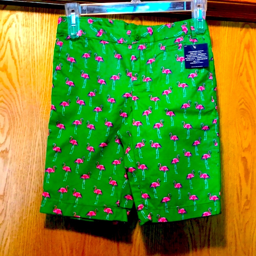 NWY Lands’ End girl’s 10 Bermuda green cotton shorts pink flamingo print preppy
